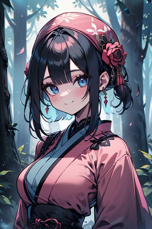 dark blue hair, blue eyes, pink kimono outfit with black edges, friendly face, a black spandex that covers his entire body, headscarf, killer, happy smile, bangs, in the forest at night, masterpiece, detailed, high quality, absurd, the strongest human of all, bringer of the world's hope, short hair, black lycra, masterpiece, excellent quality, excellent quality, perfect face, medium breasts

