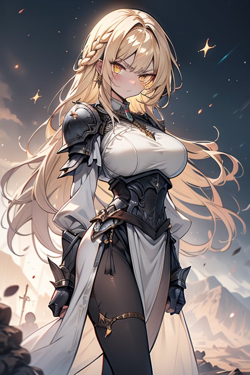 blonde, golden eyes, angry look, long hair, desert knight, hates magic, candys a long elegant white tunic, armor on her hands, legs and arms, gray and white dress, appearance of a warrior, strong woman, scars all over the body, golden eyes, perfect face, very good quality, masterpiece, excellent quality,yellow eyes,blonde hair, black pantyhose
