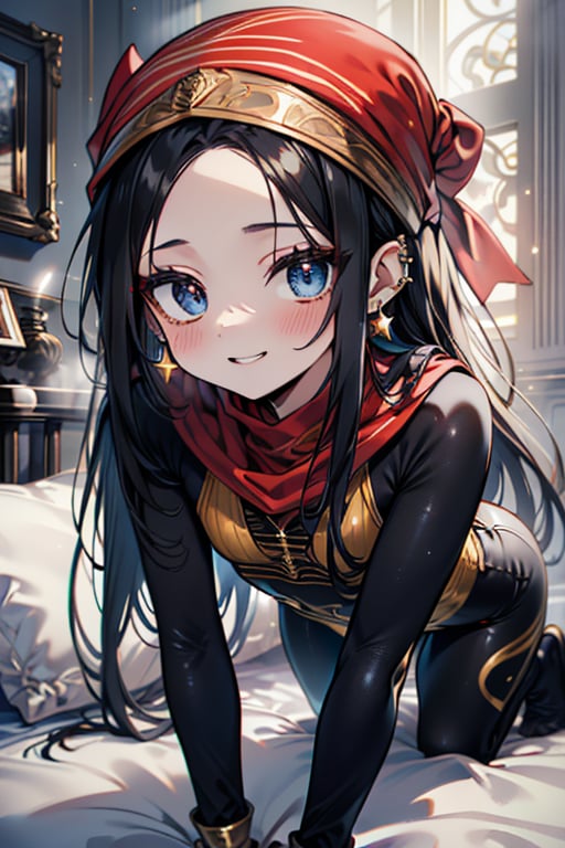 black hair, blue eyes, yellow babydoll with black edges, a red bandana with gold stripes, the edges have small gold touches, friendly face, a black spandex that covers her entire body, headscarf, killer, happy smile, bangs, masterpiece, star earrings, detailed, high quality, absurd, the strongest human of all, bearer of the world's hope, black lycra, masterpiece, excellent quality, excellent quality, perfect face, long hair, sexy pose, bed
