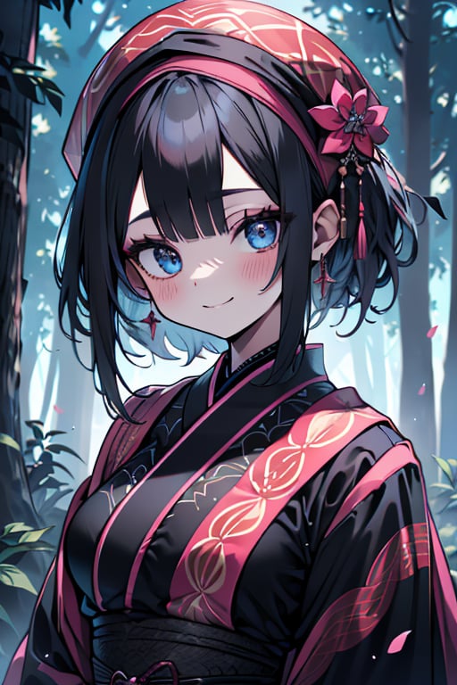 dark blue hair, blue eyes, pink kimono outfit with black edges, friendly face, a black spandex that covers his entire body, headscarf, killer, happy smile, bangs, in the forest at night, masterpiece, detailed, high quality, absurd, the strongest human of all, bringer of the world's hope, short hair, black lycra, masterpiece, excellent quality, excellent quality, perfect face, medium breasts

