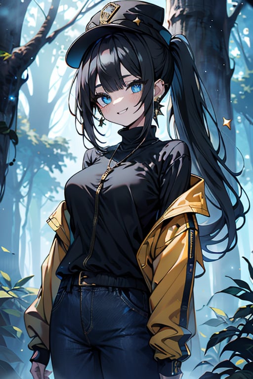 black hair, blue eyes, yellow jacket with black edges, black French hat, friendly face, blue pants, killer, happy smile, bangs, in the forest at night, masterpiece, star earrings, detailed, high quality, absurd, the strongest human of all, bringer of the world's hope, hair in ponytail, long sleeve, masterpiece, excellent quality, excellent quality, perfect face.
