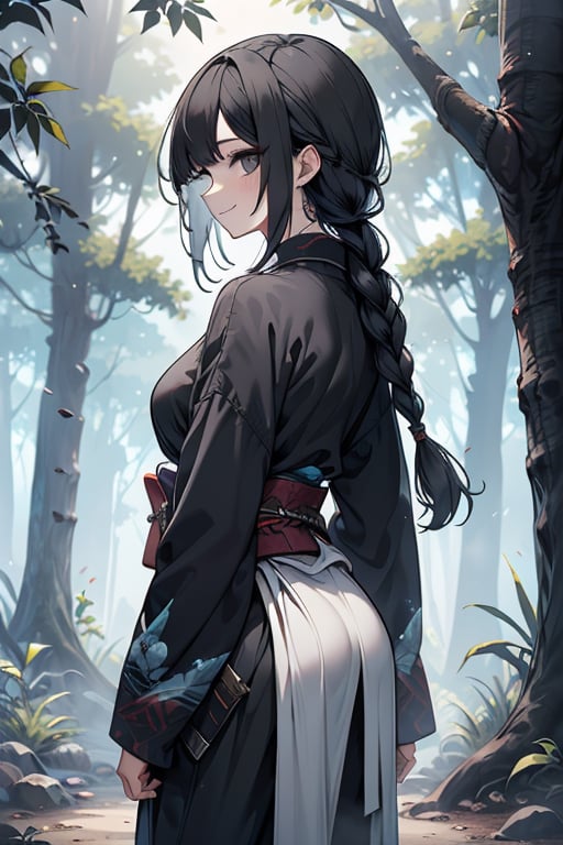 kind woman, black hair, medium hair, hair in braid down to her back, a single braid, dirty clothes, warrior, beast tamer, the killer of gods, black eyes, old clothes, alone, forest, kind smile, innocent, breasts small, tall woman, amazon, samurai, gray kimono jacket ideal for combat, wide pants, happy, friendly, good person,  masterpiece, good quality, swords well positioned at her waist, good hands, aquamarine belt.


