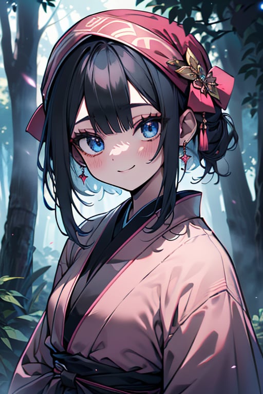 dark blue hair, blue eyes, pink kimono outfit with black edges, friendly face, a black spandex that covers his entire body, headscarf, killer, happy smile, bangs, in the forest at night, masterpiece, detailed, high quality, absurd, the strongest human of all, bringer of the world's hope, short hair, black lycra, masterpiece, excellent quality, excellent quality, perfect face.
