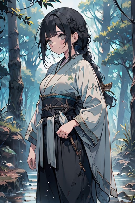 kind woman, black hair, medium hair, hair in braid down to her back, a single braid, dirty clothes, warrior, beast tamer, the killer of gods, black eyes, old clothes, alone, forest, kind smile, innocent, breasts small, tall woman, amazon, samurai, gray kimono jacket ideal for combat, wide pants, happy, friendly, good person,  masterpiece, good quality, swords well positioned at her waist, good hands, aquamarine belt.


