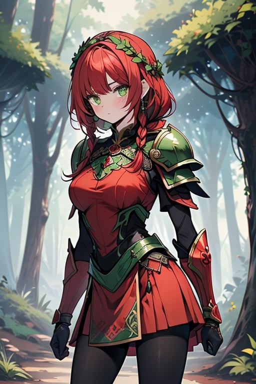 noble woman, princess, red hair, long braid, green armor covering her body, forest, medium chest, warrior, druid, green eyes, red dress, medium combat skirt, good quality, masterpiece, hight,black pantyhose.
