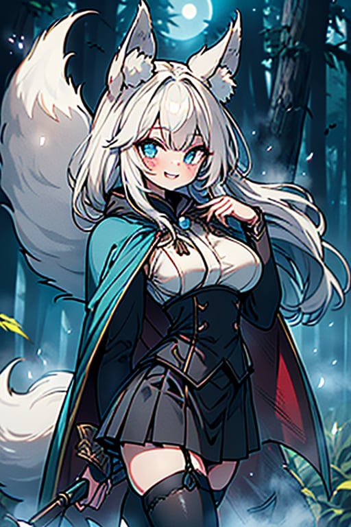 white hair, blue eyes, vintage style cape, friendly face, skirt, killer, happy smile, blows, in the forest at night, masterpiece, detailed, high quality, absurd, the most human force of all, bearer of hope world, long hair, black stockings, masterpiece, excellent quality, perfect face, medium breasts, kitsune ears, kitsune tail.

