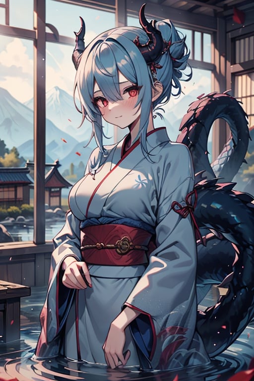 dragon woman, wingless, medium hair, shy face, blue kimono, blue hair, dragon horns, dragon tail, red eyes, dragon horns, medium breasts, beautiful, the sword maiden, tail attached to the body, her power comes from of primordial water, masterpiece, very good quality, excellent quality, perfect face, samurai, mother of the family, master of combat, wise, bangs that cover her eyes,hair up,Japanese house.