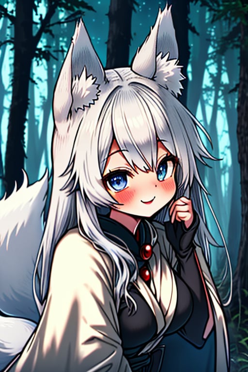 white hair, blue eyes, coat with blue vintage style cape, friendly face, skirt, killer, happy smile, blows, in the forest at night, masterpiece, detailed, high quality, absurd, long hair, black stockings, masterpiece, excellent quality, perfect face, medium breasts, kitsune ears, kitsune tail.

