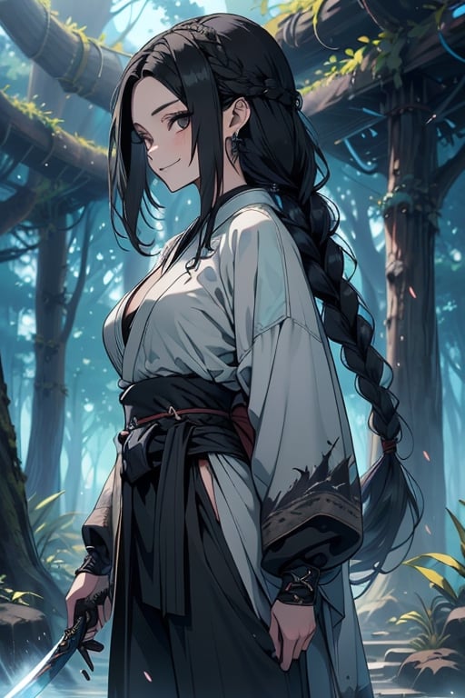 kind woman, black hair, medium hair, hair in braid down to her back, a single braid, dirty clothes, warrior, beast tamer, the killer of gods, black eyes, old clothes, alone, forest, kind smile, innocent, breasts small, tall woman, amazon, samurai, gray kimono jacket ideal for combat, wide pants, happy, friendly, good person, katanas sheathed at her waist, masterpiece, good quality, swords well positioned at her waist, good hands, aquamarine belt, teenager.
