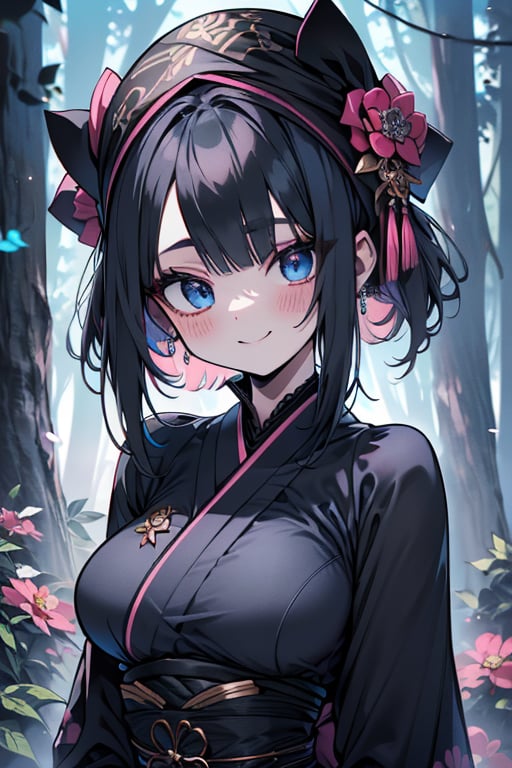 dark blue hair, blue eyes, pink kimono outfit with black edges, friendly face, a black spandex that covers his entire body, headscarf, killer, happy smile, bangs, in the forest at night, masterpiece, detailed, high quality, absurd, the strongest human of all, bringer of the world's hope, short hair, black lycra, masterpiece, excellent quality, excellent quality, perfect face, medium breasts

