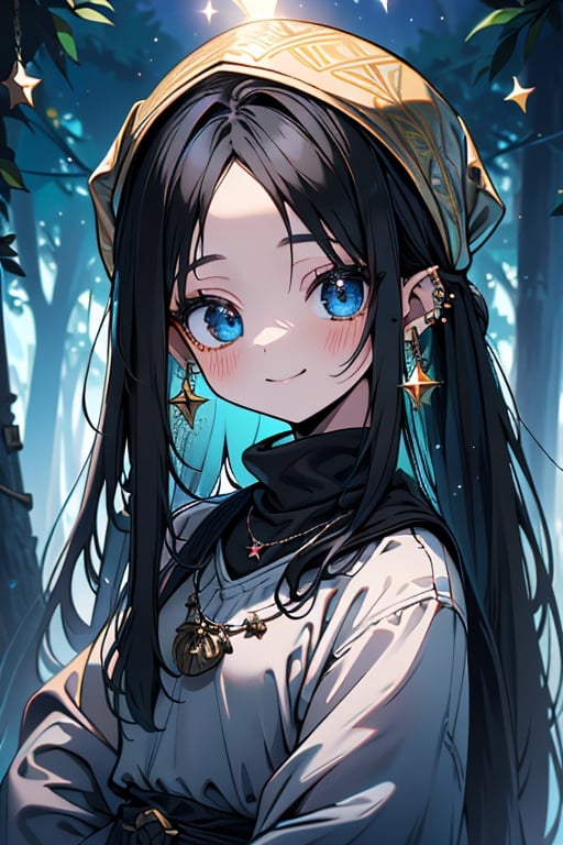 black hair, blue eyes, yellow attush, friendly face, headscarf, little girl, happy smile, bangs, in the forest at night, masterpiece, star earrings, detailed, high quality, absurd , strongest human being of all, bearer of the hope of the world, long hair, necklace of scales,perfect face,8 year old girl.
