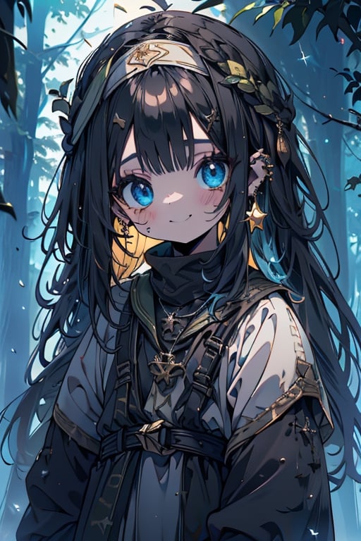 black hair, blue eyes, yellow attush, friendly face, headscarf, little girl, happy smile, bangs, in the forest at night, masterpiece, star earrings, detailed, high quality, absurd , strongest human being of all, bearer of the hope of the world, long hair, necklace of scales,perfect face,8 year old girl,
,best quality,Poor thing, dirty clothes, mud on the face.
