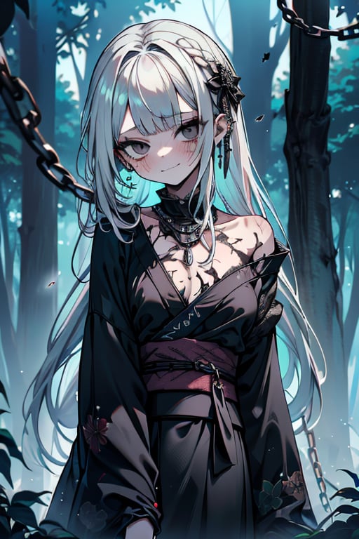 white hair, black eyes, dirty and poor black kimono, sad face, lost, sad smile, slave, chains, bangs, in the forest at night, high quality, absurd, the human who longed for freedom, long hair, masterpiece, excellent quality, excellent quality, perfect face,teenager, small breasts, 16 year old appearance,scars, depressed, poor, torn clothes.


