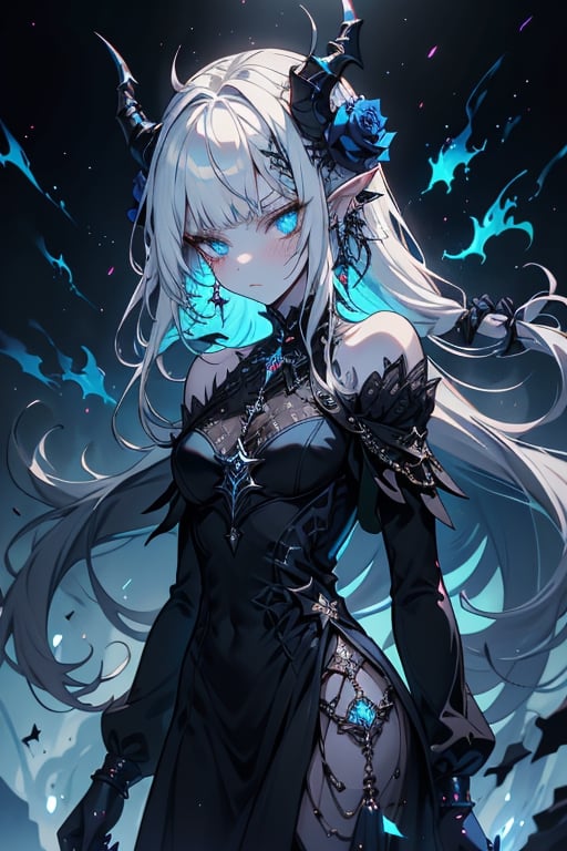 white hair, deep blue eyes, aura of dark power, the most powerful being in the world, queen of darkness, lost look, pointed ears, black dress with blue edges, killer of gods, the one who killed Lucifer, incarnation of the gods dragons, masterpiece, very good quality, excellent quality, perfect face, small breasts, serious face, dazed, calm, kuudere, eyes with blue flames, looking down, as if on top of the world, horns, fake goddess, bare shoulders, long skirt, gothic, Mullet Bangs, staring, sad expression, blue roses in her hair and her dress,emanates the power of chaos within her,black sclera.
