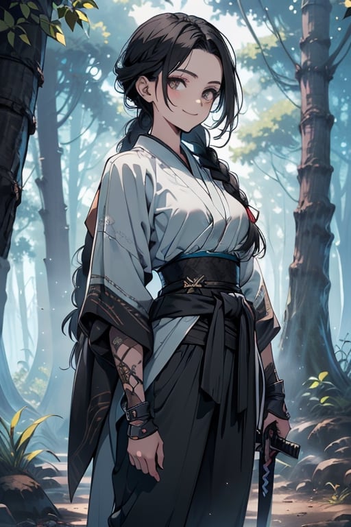 kind woman, black hair, medium hair, hair in braid down to her back, a single braid, dirty clothes, warrior, beast tamer, the killer of gods, black eyes, old clothes, alone, forest, kind smile, innocent, breasts small, tall woman, amazon, samurai, gray kimono jacket ideal for combat, wide pants, happy, friendly, good person, katanas sheathed at her waist, masterpiece, good quality, swords well positioned at her waist, good hands, aquamarine belt, teenager, 15 years old
