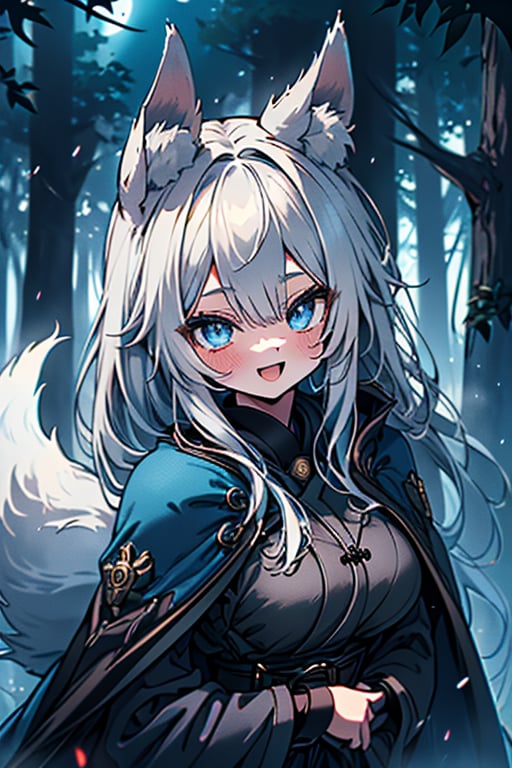 white hair, blue eyes, coat with blue vintage style cape, friendly face, skirt, killer, happy smile, blows, in the forest at night, masterpiece, detailed, high quality, absurd, long hair, black stockings, masterpiece, excellent quality, perfect face, medium breasts, kitsune ears, kitsune tail.

