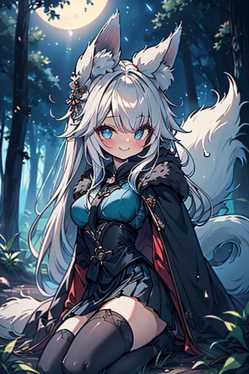 white hair, blue eyes, coat with blue vintage style cape, friendly face, skirt, killer, happy smile, blows, in the forest at night, masterpiece, detailed, high quality, absurd, long hair, black stockings, masterpiece, excellent quality, perfect face, medium breasts, kitsune ears, kitsune tail.

