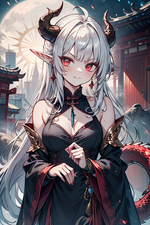 light red eyes, pointed horns, small breasts, beautiful, the woman who reflects the sun, the emperor's right hand, tail close to the body, the master of manipulation, Chinese temple, pointed ears, serious face, calm smile, red tail with light blue parts, dragon horns, gold jewelry, silver ring, diamond chain, white locks, white bangs, red hair and white locks, two-color hair, black qipa with gold trim, elegant.

