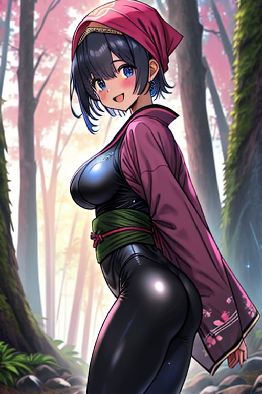 dark blue hair, blue eyes, pink kimono outfit with black edges, friendly face, a black spandex that covers his entire body, headscarf, killer, happy smile, bangs, in the forest at night, masterpiece, detailed, high quality, absurd, the strongest human of all, bringer of the world's hope, short hair, black lycra, masterpiece, excellent quality, excellent quality, perfect face, medium breasts,big ass,

