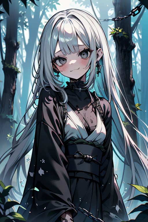 white hair, black eyes, dirty and poor black kimono, sad face, lost, sad smile, slave, chains, bangs, in the forest at night, high quality, absurd, the human who longed for freedom, long hair, masterpiece, excellent quality, excellent quality, perfect face,teenager, small breasts, 16 year old appearance.


