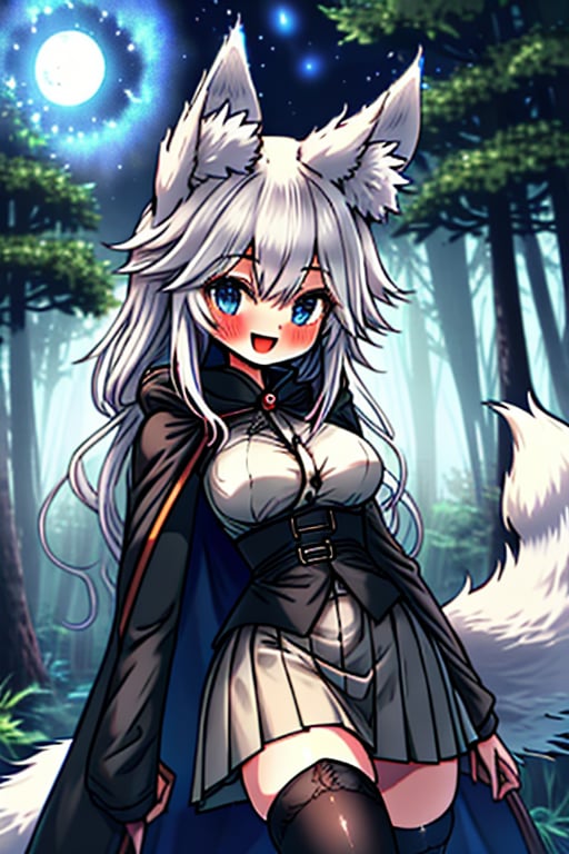 white hair, blue eyes, coat with blue vintage style cape, friendly face, skirt, killer, happy smile, blows, in the forest at night, masterpiece, detailed, high quality, absurd, long hair, black stockings, masterpiece, excellent quality, perfect face, medium breasts, kitsune ears, kitsune tail.

