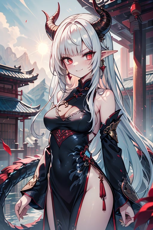 light red eyes, pointed horns, small breasts, beautiful, the woman who reflects the sun, the emperor's right hand, tail close to the body, the master of manipulation, Chinese temple, pointed ears, serious face, calm smile, red tail with light blue parts, dragon horns, gold jewelry, silver ring, diamond chain, white locks, white bangs, red hair and white locks, two-color hair, black qipa with gold trim, elegant.

