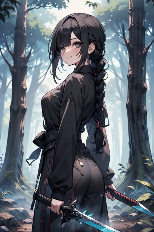 kind woman, black hair, medium hair, hair in a long braid down the back, dirty clothes, warrior, dual sword wielder, beast tamer, god slayer, black eyes, old clothes, sweatshirt, alone, forest, smile kind, innocent, small breasts, tall woman, amazon, samurai.

