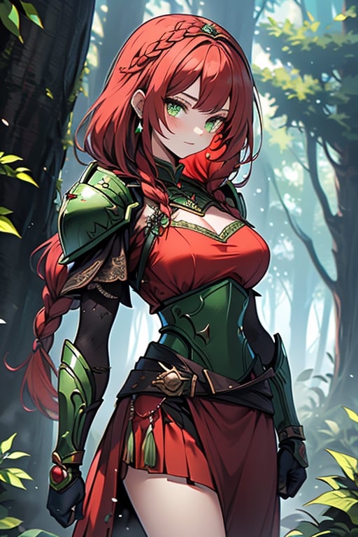 noble woman, princess, red hair, long braid, green armor covering her body, forest, medium chest, warrior, druid, green eyes, red dress, medium combat skirt, good quality, masterpiece, hight.
