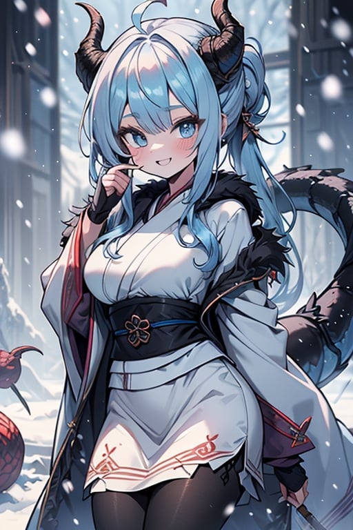 light blue hair, blue eyes, dragon horns, sorceress, magician's tunic, snow coat, smiling, mischievous, capricious, spoiled, pampered, white kimono, gadget sorceress, long hair up, long white skirt, good quality , masterpiece, excellent quality, perfect face, dragon tail,black pantyhose.
