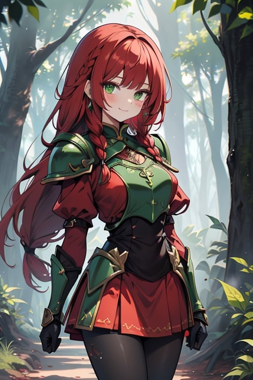 noble woman, princess, red hair, long braid, green armor covering her body, forest, medium chest, warrior, druid, green eyes, red dress, medium combat skirt, good quality, masterpiece, hight,black pantyhose,loved by nature, kind face, noble smile, leader.