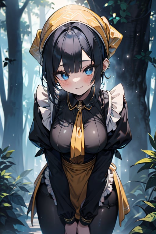 dark blue hair, blue eyes, yellow maid outfit, friendly face, a black spandex that covers her entire body, headscarf, killer, happy smile, bangs, in the forest at night, masterpiece, detailed, high quality, absurd, the strongest human of all, bearer of the world's hope, short hair, black lycra, black pantyhouse, masterpiece, excellent quality, excellent quality, perfect face, medium breasts

