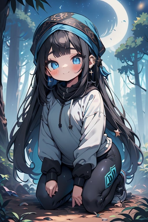 black hair, blue eyes, full body lycra clothing, friendly face, headscarf, little girl, happy smile, in the forest at night, masterpiece, star earrings, detailed, high quality, absurd, strongest human being of all, bearer of the hope of the world, long hair, perfect face, 8 year old girl, best quality, fat, obese.
