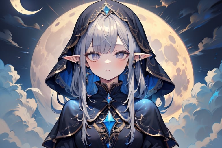 gray hair with blue tones, black witch clothes, moon earrings, gray eyes, dark circles, sleepy, dream witch, pointy ears, elf,  medium hair., veil,masterpiece, detailed, high quality, absurdres.