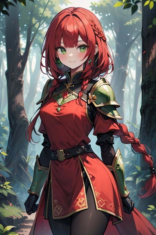 noble woman, princess, red hair, long braid, green armor covering her body, forest, medium chest, warrior, druid, green eyes, red dress, medium combat skirt, good quality, masterpiece, hight,black pantyhose,loved by nature, kind face, noble smile, leader.