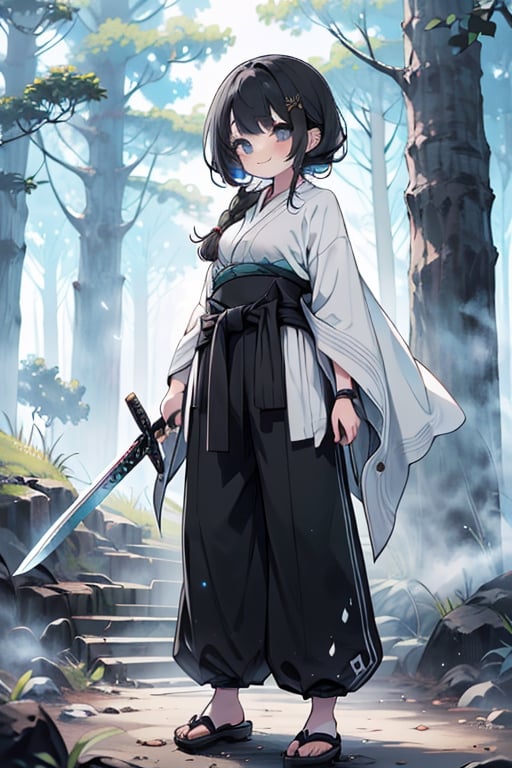 kind woman, black hair, medium hair, hair in braid down to her back, a single braid, dirty clothes, warrior, beast tamer, the killer of gods, black eyes, old clothes, alone, forest, kind smile, innocent, breasts small, tall woman, amazon, samurai, gray kimono jacket ideal for combat, wide pants, happy, friendly, good person, katanas sheathed at her waist, masterpiece, good quality, swords well positioned at her waist, good hands, aquamarine belt.



,fantasy00d,best quality