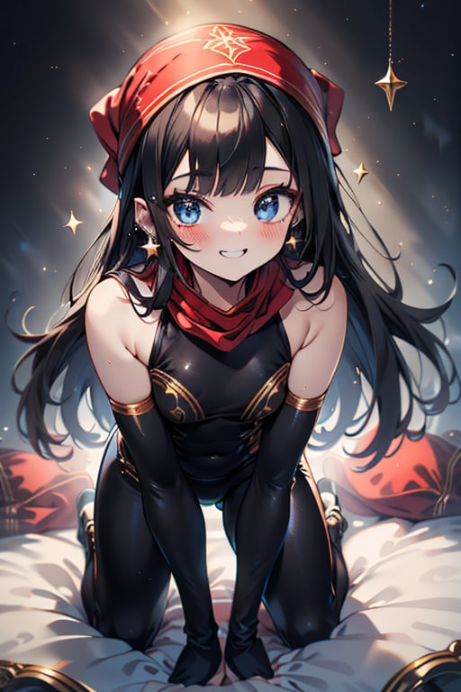 black hair, blue eyes, yellow babydoll with black edges, a red bandana with gold stripes, the edges have small gold touches, friendly face, a black spandex that covers her entire body, headscarf, killer, happy smile, bangs, masterpiece, star earrings, detailed, high quality, absurd, the strongest human of all, bearer of the world's hope, black lycra, masterpiece, excellent quality, excellent quality, perfect face, long hair, sexy pose, bed
