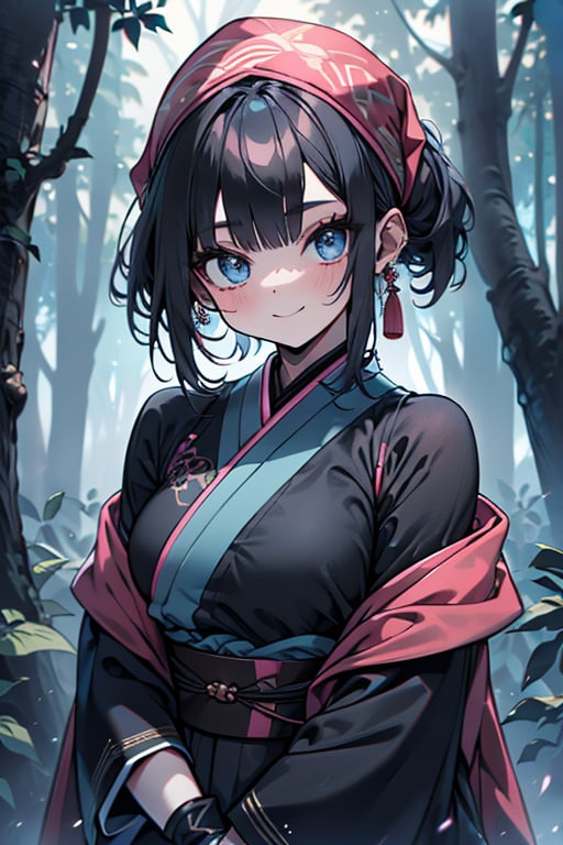 dark blue hair, blue eyes, pink kimono outfit with black edges, friendly face, a black spandex that covers his entire body, headscarf, killer, happy smile, bangs, in the forest at night, masterpiece, detailed, high quality, absurd, the strongest human of all, bringer of the world's hope, short hair, black lycra, masterpiece, excellent quality, excellent quality, perfect face.
