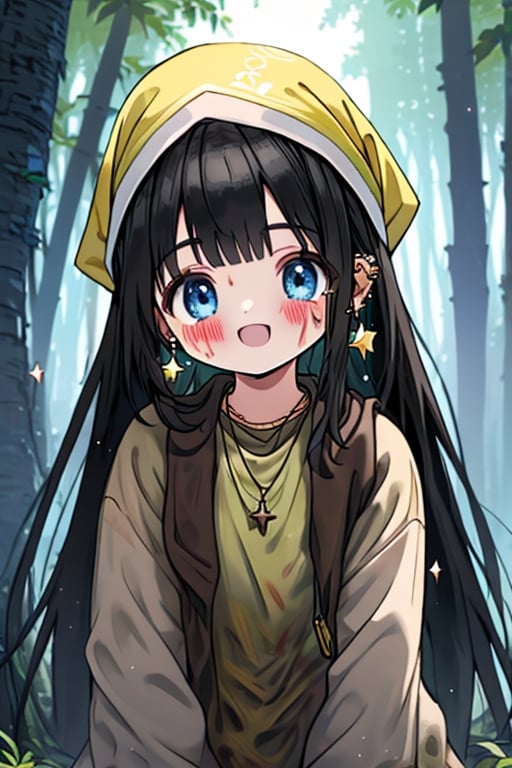 black hair, blue eyes, yellow attush, friendly face, headscarf, little girl, happy smile, bangs, in the forest at night, masterpiece, star earrings, detailed, high quality, absurd , strongest human being of all, bearer of the hope of the world, long hair, necklace of scales,perfect face,8 year old girl,
,best quality,Poor thing, dirty clothes, mud on the face.
