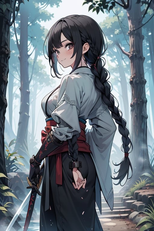 kind woman, black hair, medium hair, hair in braid down to her back, a single braid, dirty clothes, warrior, beast tamer, the killer of gods, black eyes, old clothes, alone, forest, kind smile, innocent, breasts small, tall woman, amazon, samurai, gray kimono jacket ideal for combat, wide pants, happy, friendly, good person, katanas sheathed at her waist, masterpiece, good quality, swords well positioned at her waist, good hands, aquamarine belt, red chest protector.



