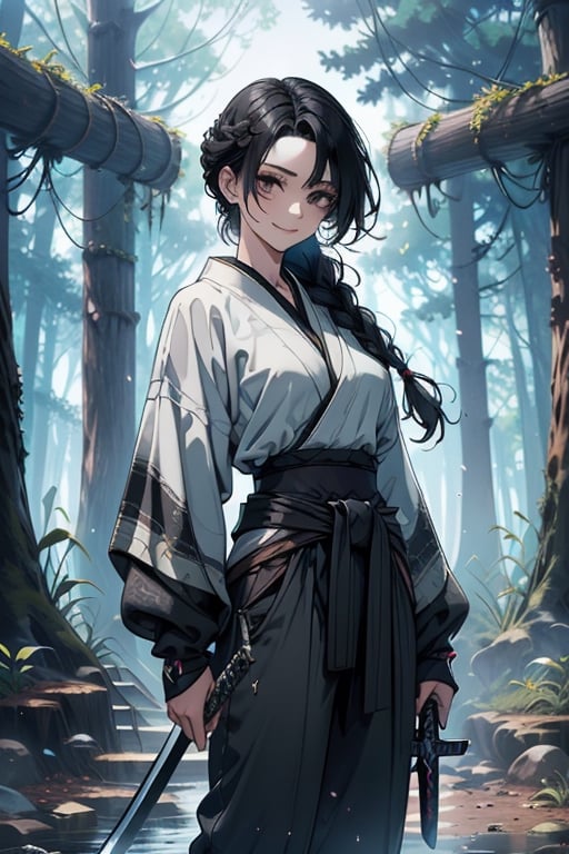 kind woman, black hair, medium hair, hair in braid down to her back, a single braid, dirty clothes, warrior, beast tamer, the killer of gods, black eyes, old clothes, alone, forest, kind smile, innocent, breasts small, tall woman, amazon, samurai, gray kimono jacket ideal for combat, wide pants, happy, friendly, good person, katanas sheathed at her waist, masterpiece, good quality, swords well positioned at her waist, good hands, aquamarine belt, teenager.
