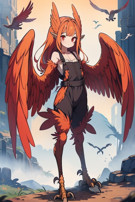 masterpiece, best quality, harpy, standing, They fit perfectly to her size due to the runes embedded in its fabrics,long hair, no hands,light orange hair, harpy wings, bird legs, bird hands, bird arms, harpy woman, bird woman, red eyes, orange wings, spread wings, (flat chest :1.1),farmer's clothes with an overall.
