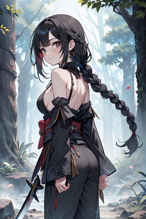 kind woman, black hair, medium hair, hair in braid down to her back, a single braid, dirty clothes, warrior, beast tamer, the killer of gods, black eyes, old clothes, alone, forest, kind smile, innocent, breasts small, tall woman, amazon, samurai, gray kimono jacket ideal for combat, wide pants, happy, friendly, good person, katanas sheathed at her waist, masterpiece, good quality, swords well positioned at her waist, good hands, aquamarine belt, red chest protector.



