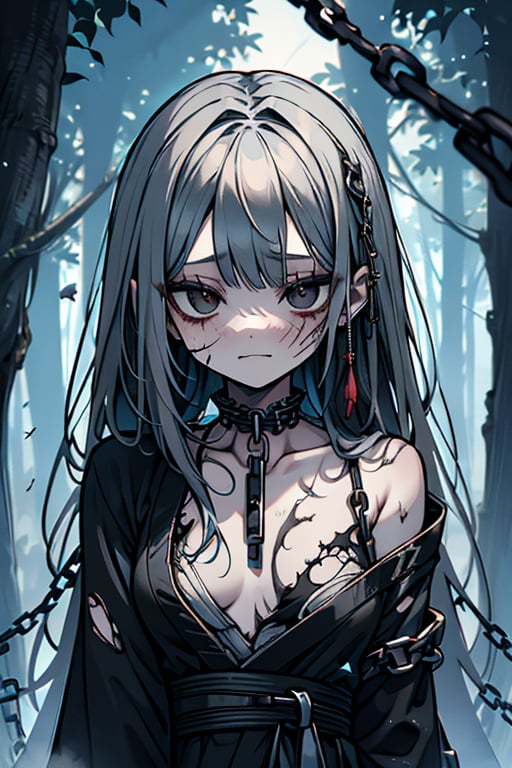 white hair, black eyes, dirty and poor black kimono, sad face, lost, sad smile, slave, chains, bangs, in the forest at night, high quality, absurd, the human who longed for freedom, long hair, masterpiece, excellent quality, excellent quality, perfect face,teenager, small breasts, 16 year old appearance,scars, depressed, poor, torn clothes.


