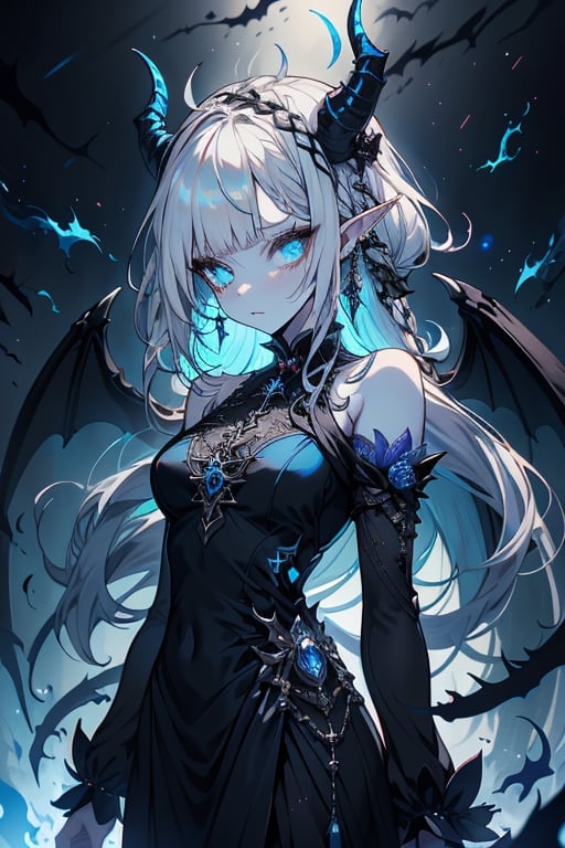 white hair, deep blue eyes, aura of dark power, the most powerful being in the world, queen of darkness, lost look, pointed ears, black dress with blue edges, killer of gods, the one who killed Lucifer, incarnation of the gods dragons, masterpiece, very good quality, excellent quality, perfect face, small breasts, serious face, dazed, calm, kuudere, eyes with blue flames, looking down, as if on top of the world, horns, fake goddess, bare shoulders, long skirt, gothic, Mullet Bangs, staring, sad expression, blue roses in her hair and her dress,emanates the power of chaos within her,black sclera.
