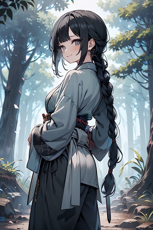 kind woman, black hair, medium hair, hair in braid down to her back, a single braid, dirty clothes, warrior, beast tamer, the killer of gods, black eyes, old clothes, alone, forest, kind smile, innocent, breasts small, tall woman, amazon, samurai, gray kimono jacket ideal for combat, wide pants, happy, friendly, good person,  masterpiece, good quality, swords well positioned at her waist, good hands, aquamarine belt.


