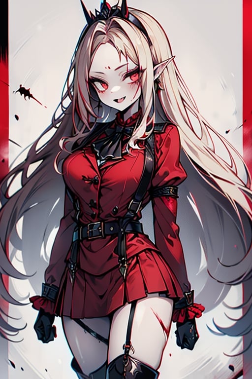 an arrogant woman, blonde, cold-blooded murderer, the final enemy of this world, medium breasts, pointed ears, vampire, eyes red like blood, smiling mischievously, red bowtie scarf, red suit with skirt with black borders, black crosses on his forehead, very pale skin, high_resolution, best quality, extremely detailed, HD, 8K, 1 girl, solo, sexy_figure, hot, 170 cm, tall_girl, LONG HAIR, DIAMOND THROAT, BLACK ASCOT, SEPARATED NECK, CENTER Ruffles, RED DRESS, RED SEPARATED SLEEVES, RED BELT, SKIRT WHITE, RED THIGH BOOTS, RED SUSPENDERS.TIARA,She represents death, the false goddess of putrefaction.

,Baobhan