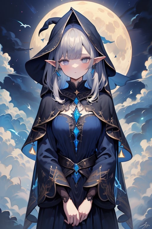 gray hair with blue tones, black witch clothes, moon earrings, gray eyes, dark circles, sleepy, dream witch, pointy ears, elf,  medium hair., veil,masterpiece, detailed, high quality, absurdres.