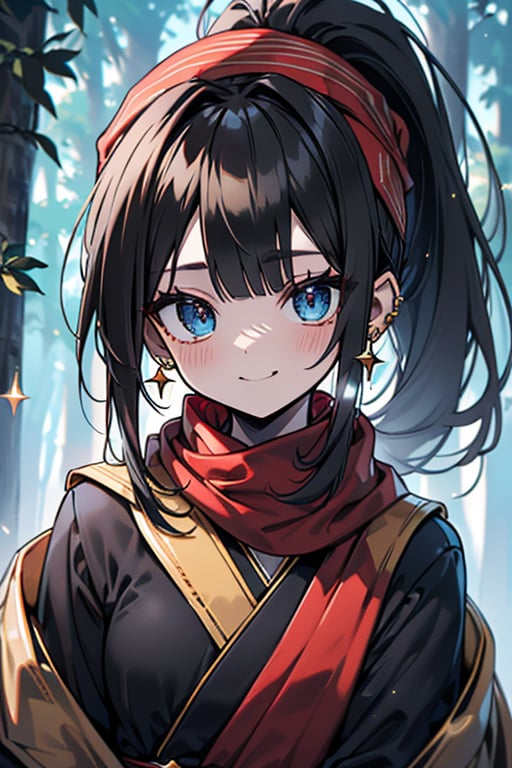 black hair, blue eyes, yellow Kimono
 outfit with black edges, a red scarf with gold stripes, the edges have small golden touches, friendly face, a black spandex that covers her entire body, headscarf, killer, happy smile , bangs, in the forest at night, masterpiece, star earrings, detailed, high quality, absurd, the strongest human of all, bringer of the world's hope, hair in ponytail,black lycra, masterpiece, excellent quality, excellent quality, perfect face.

