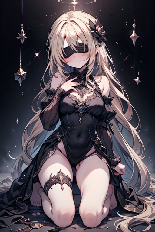 masterpiece, detailed, high quality, absurd, blindfirekeeper, 1girl, alone, blush, medium breasts, curvy, transparent white babydoll, guardian of the future, friendly smile, blonde hair, long hair, astrology room, kneeling, black blindfold cover your eyes,



,blindfirekeeper