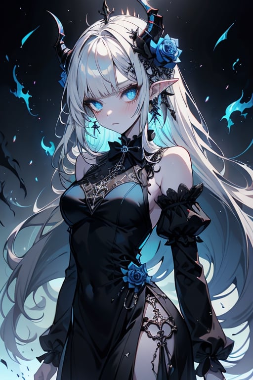 white hair, deep blue eyes, aura of dark power, the most powerful being in the world, queen of darkness, lost look, pointed ears, black dress with blue edges, killer of gods, the one who killed Lucifer, incarnation of the gods dragons, masterpiece, very good quality, excellent quality, perfect face, small breasts, serious face, dazed, calm, kuudere, eyes with blue flames, looking down, as if on top of the world, horns, fake goddess, bare shoulders, long skirt, gothic, Mullet Bangs, staring, sad expression, blue roses in her hair and her dress,emanates the power of chaos within her,black sclera,black bow tie, domino dresses from the Victorian era.
